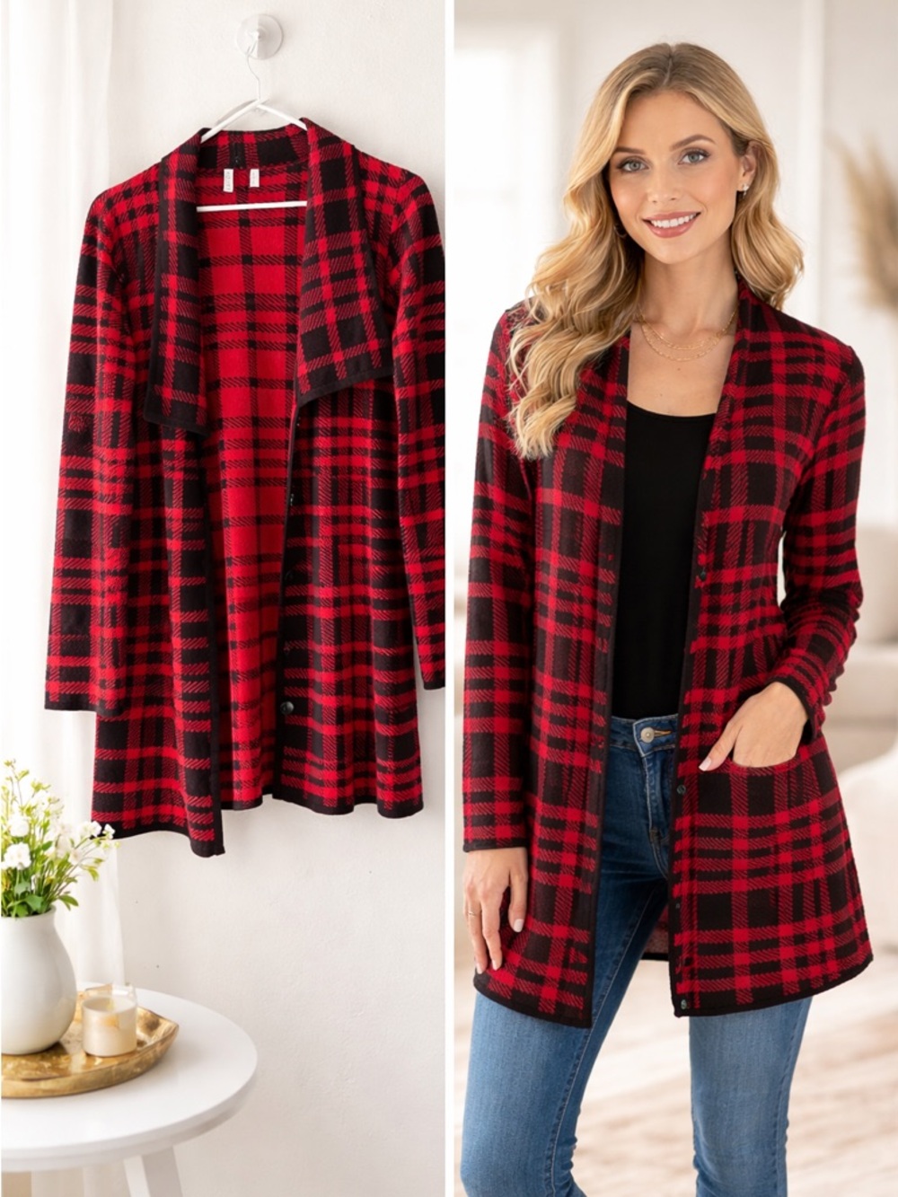 Madison Red and Black Plaid Knit Cardigan